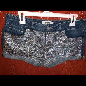 PINK sequined blue jean shorts
